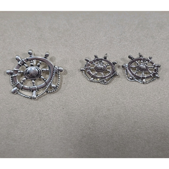 Vintage "MJ" Marie Jennifer Nautical Ship Wheel Rope Brooch Pendant Earrings - Picture 12 of 12